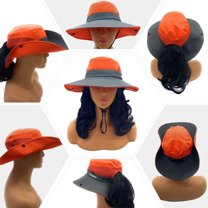 Empire Cove Womens Wide Sun Hat Ponytail Summer Sports Bucket Cap UV Protection-Blue-