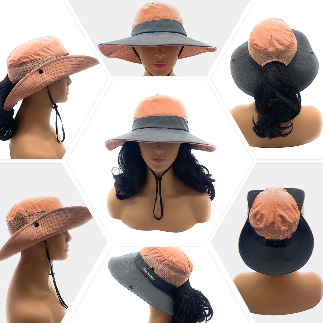 Empire Cove Womens Wide Sun Hat Ponytail Summer Sports Bucket Cap UV Protection-Blue-