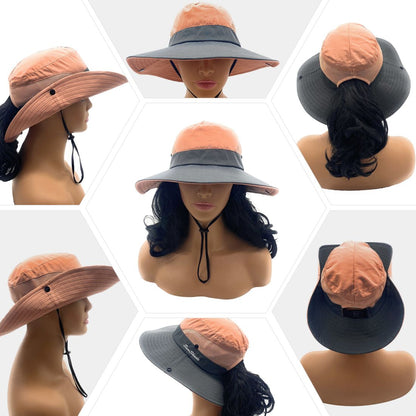Empire Cove Womens Wide Sun Hat Ponytail Summer Sports Bucket Cap UV Protection-Blue-