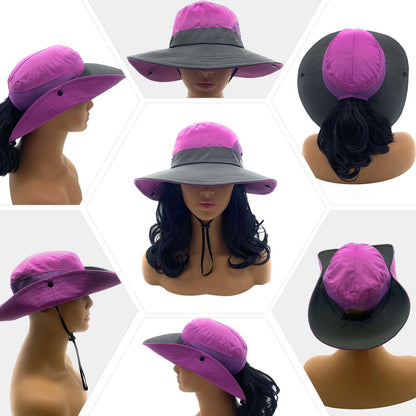 Empire Cove Womens Wide Sun Hat Ponytail Summer Sports Bucket Cap UV Protection-Blue-