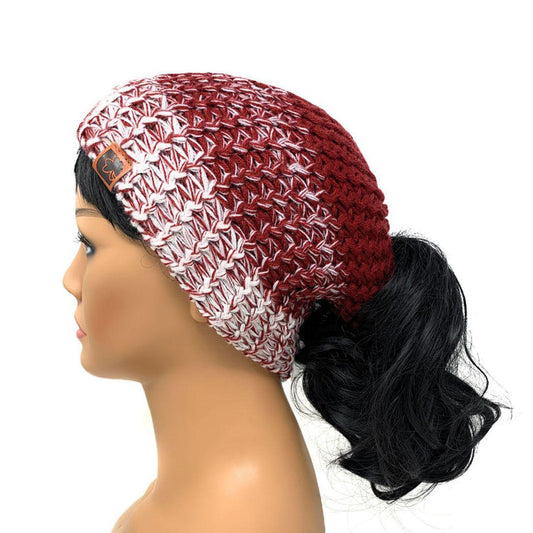 Empire Cove Knit Ponytail Beanie Womens Winter Warm-Burgundy-