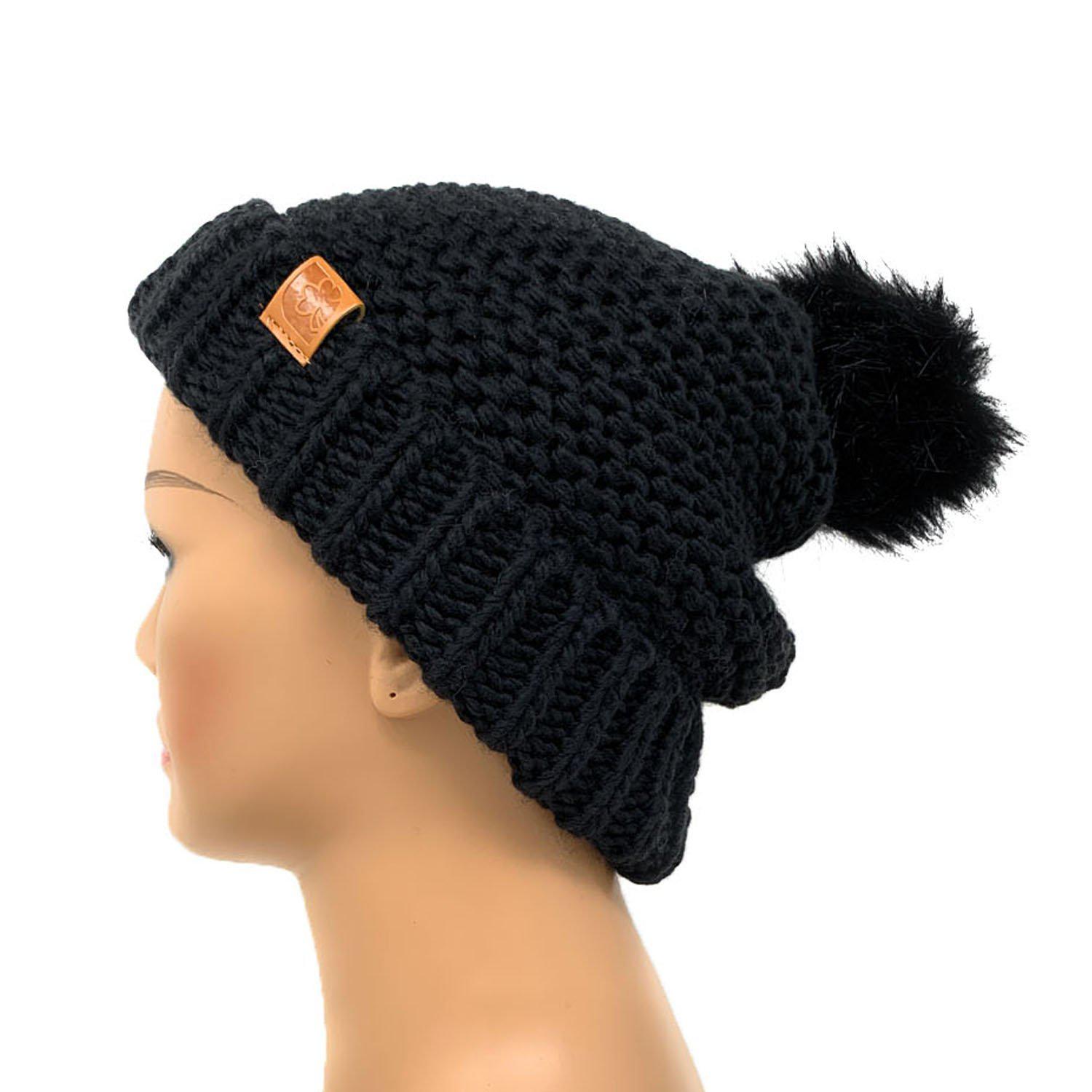 Empire Cove Winter Warm Solid Knit Cuff Beanie with Pom Pom Womens-Black-