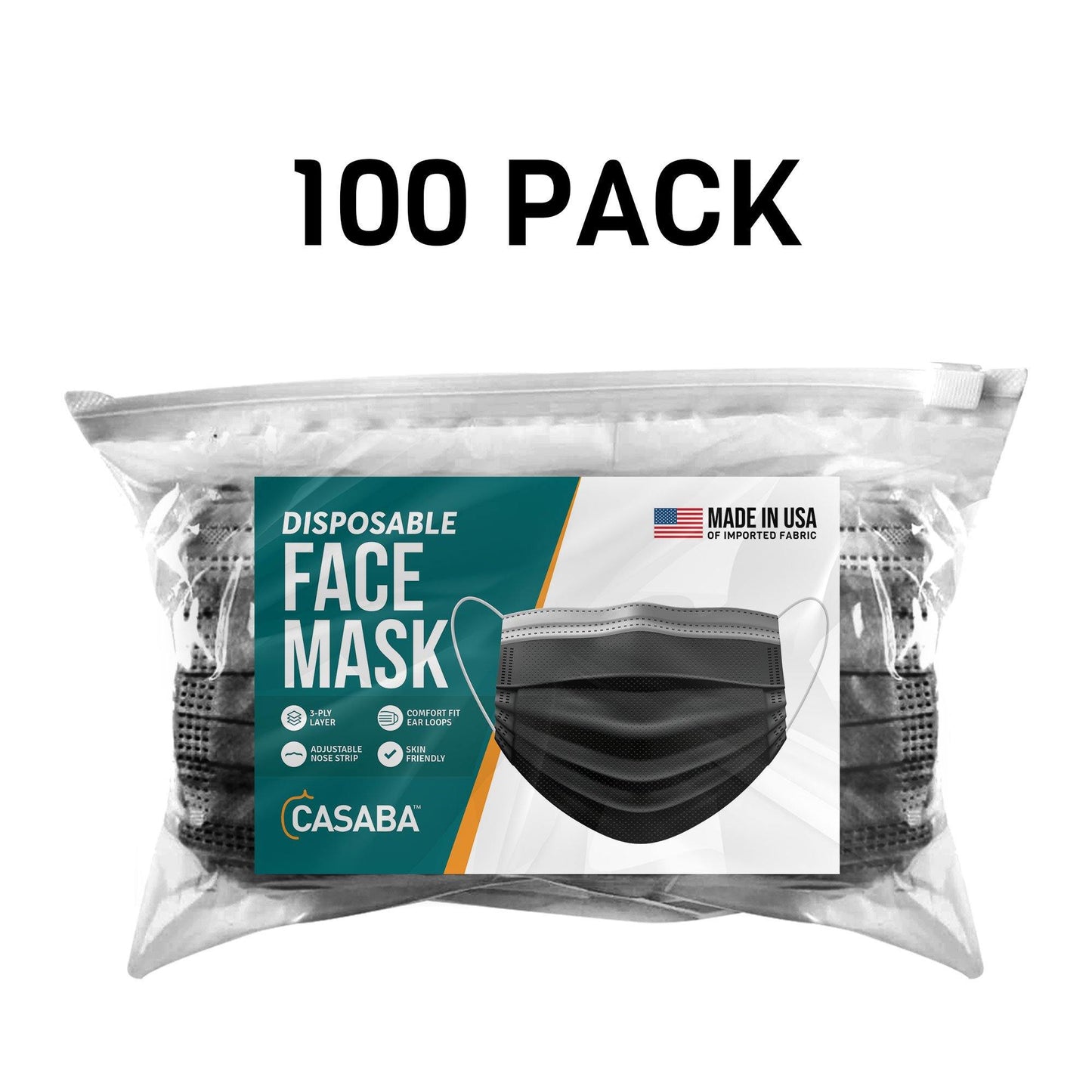 Casaba 100 Pack Black Disposable Face Masks 3-Ply Filter - Made in USA with Imported Fabric-