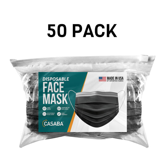 Casaba 50 Pack Black Disposable Face Masks 3-Ply Filter - Made in USA with Imported Fabric-