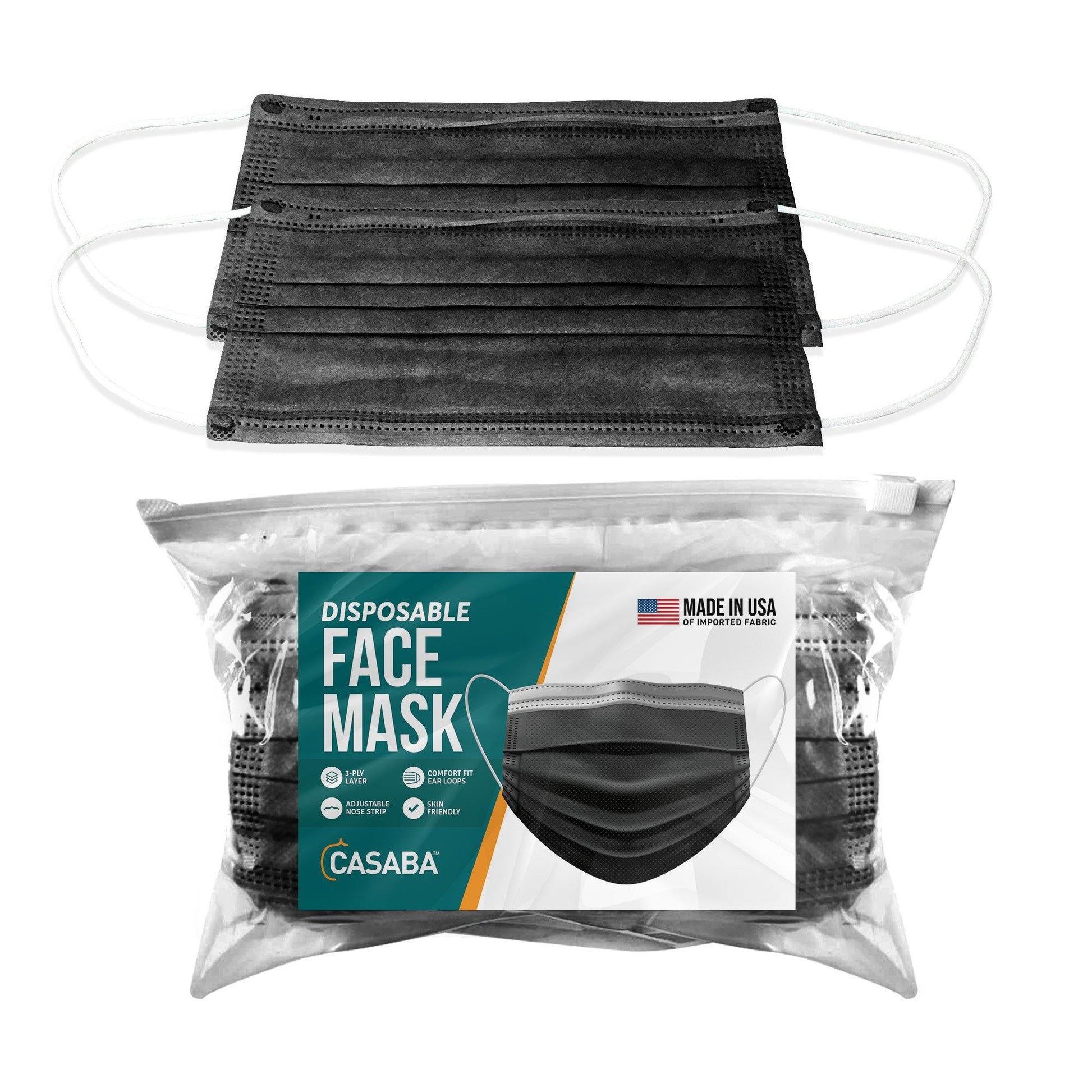 Casaba 100 Pack Black Disposable Face Masks 3-Ply Filter - Made in USA with Imported Fabric-