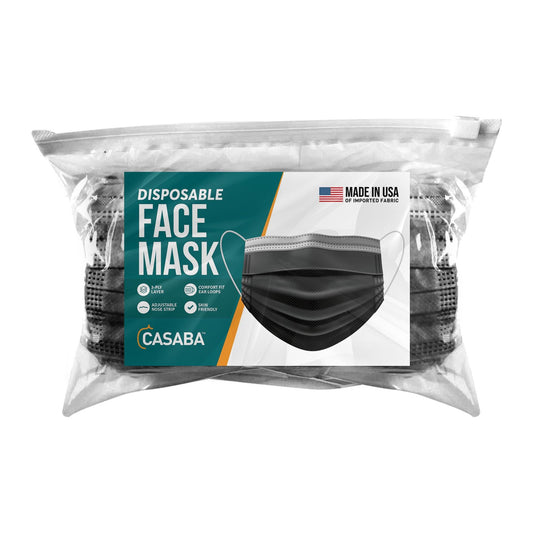 Casaba 100 Pack Black Disposable Face Masks 3-Ply Filter - Made in USA with Imported Fabric-