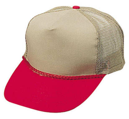 Blank Two Tone 5 Panel Trucker Cotton Twill Mesh Braid Hats Caps-RED/KHAKI-