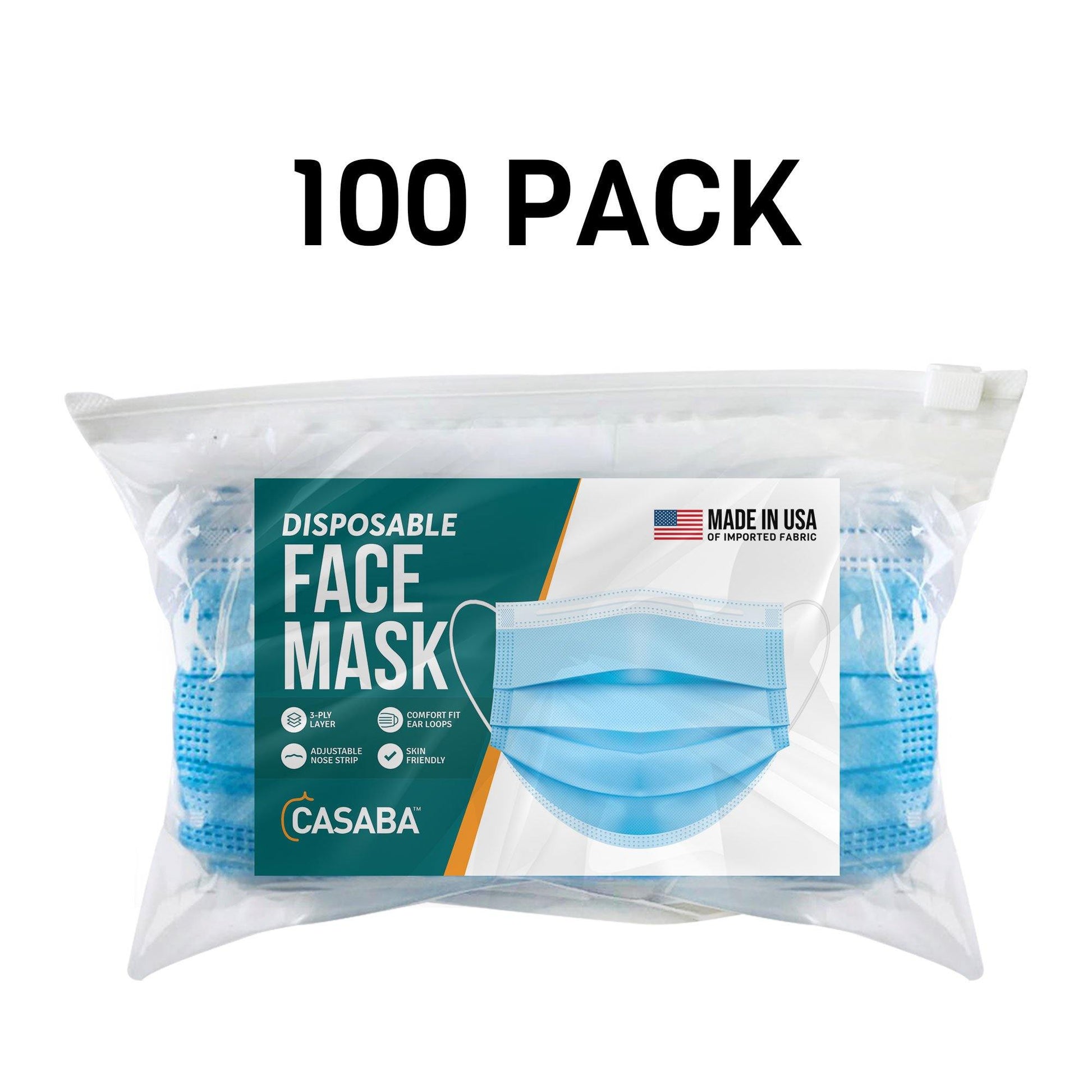 Casaba 100 Pack Blue Disposable Face Masks 3-Ply Filter - Made in USA with Imported Fabric-