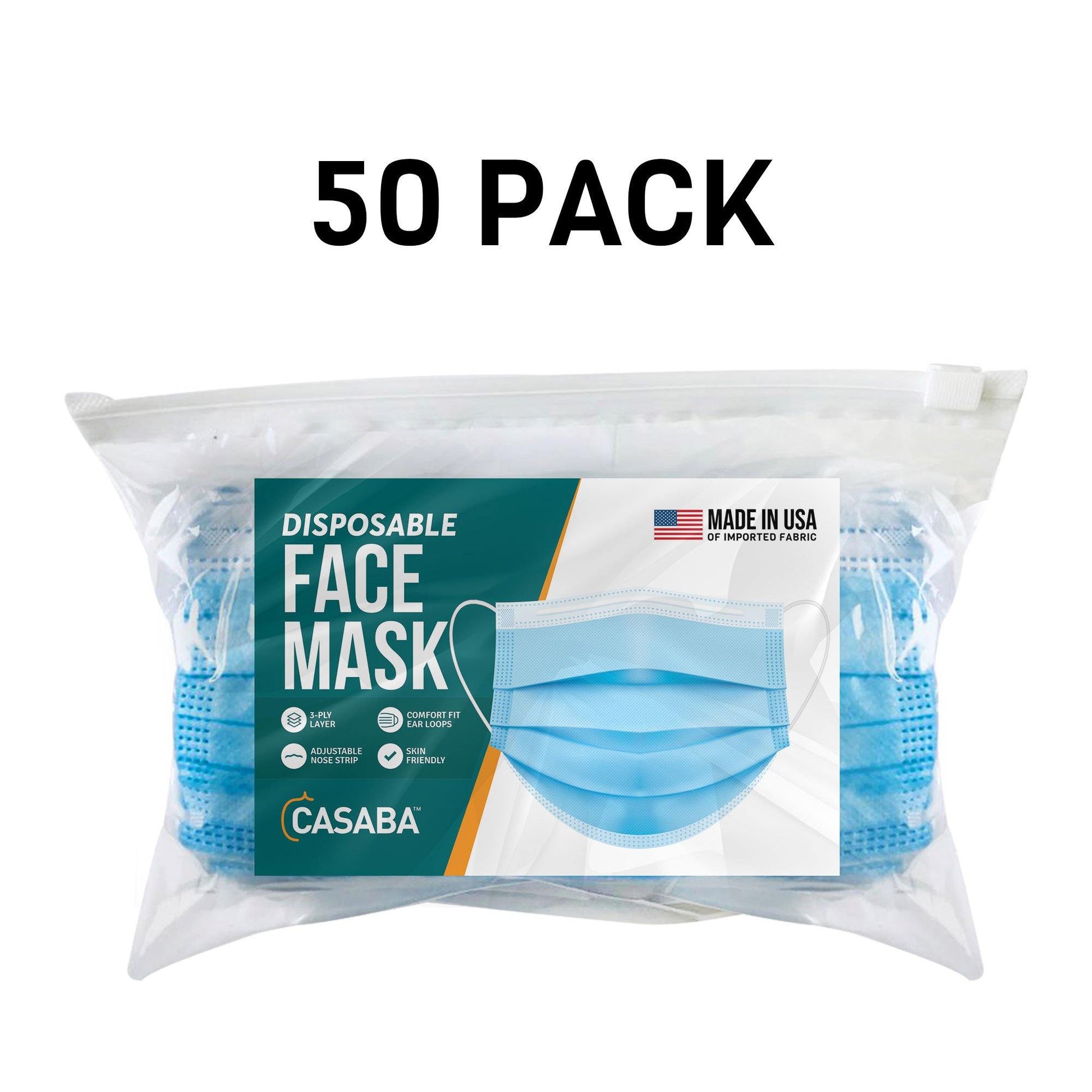 Casaba 50 Pack Blue Disposable Face Masks 3-Ply Filter - Made in USA with Imported Fabric-