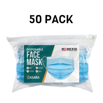Casaba 50 Pack Blue Disposable Face Masks 3-Ply Filter - Made in USA with Imported Fabric-