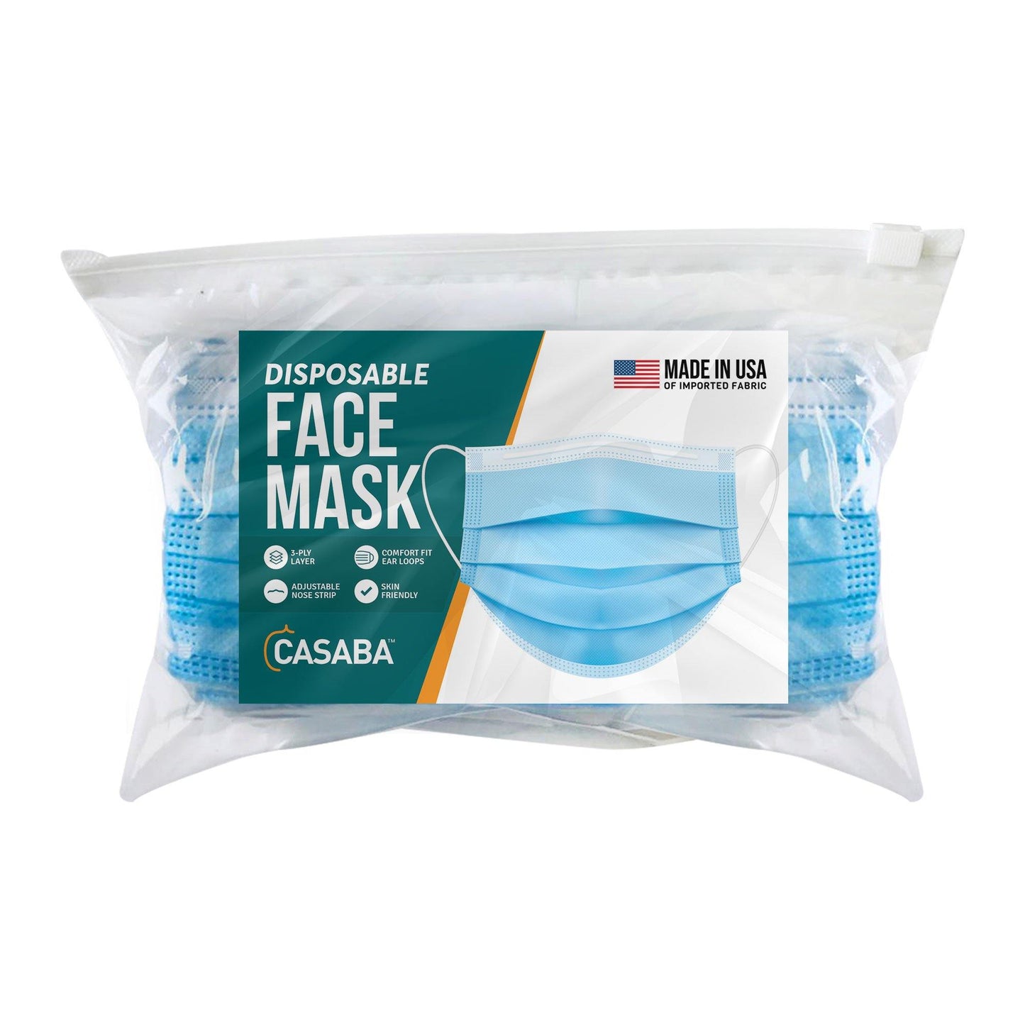 Casaba 50 Pack Blue Disposable Face Masks 3-Ply Filter - Made in USA with Imported Fabric-