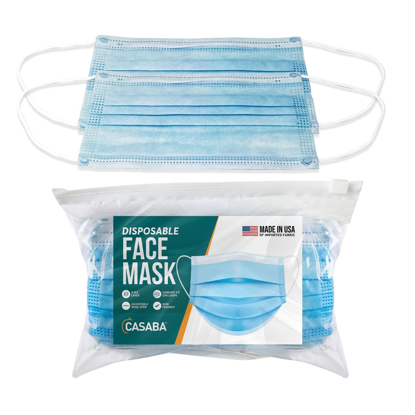 Casaba 50 Pack Blue Disposable Face Masks 3-Ply Filter - Made in USA with Imported Fabric-