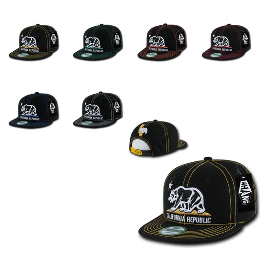California Republic Cali Bear Contra Stitch Flat Bill Snapback Caps Hats-Black / Gold-
