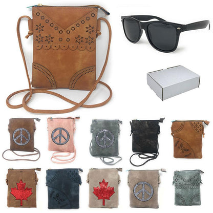 Casaba Designer Crossbody Bag Satchel & Sunglasses Gift Set For Women Mom Wife-Butterfly-Black-