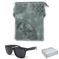 Casaba Designer Crossbody Bag Satchel & Sunglasses Gift Set For Women Mom Wife-Butterfly-Blue-