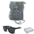 Casaba Designer Crossbody Bag Satchel & Sunglasses Gift Set For Women Mom Wife-Peace Sign-Blue-