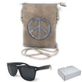 Casaba Designer Crossbody Bag Satchel & Sunglasses Gift Set For Women Mom Wife-Peace Sign-Light Taupe-