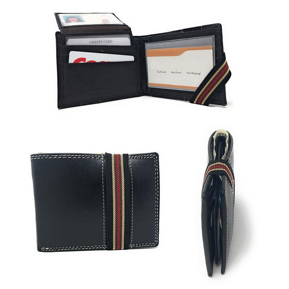 Casaba Genuine Leather Bifold Mens Womens Wallet with Security Band Two Cash Slots-Black-