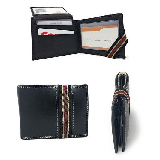 Casaba Genuine Leather Bifold Mens Womens Wallet with Security Band Two Cash Slots-Black-