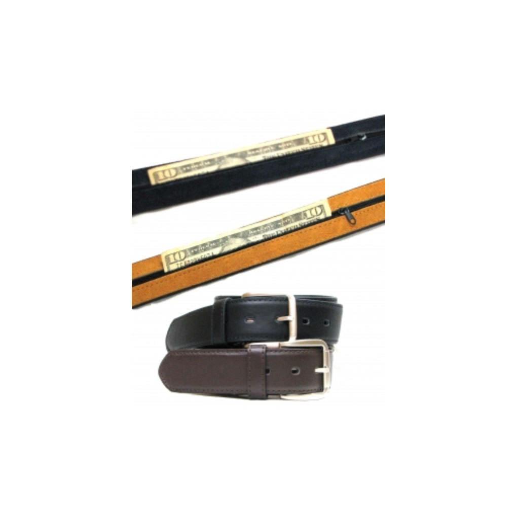 Casaba Mens Leather Belt W/ Hidden Zippered Pocket Cash Valuables Compartment-Black-34-