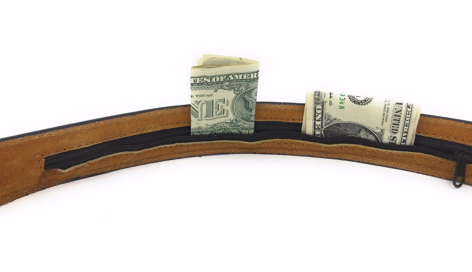 Casaba Mens Leather Belt W/ Hidden Zippered Pocket Cash Valuables Compartment-Black-34-