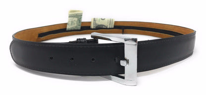 Casaba Mens Leather Belt W/ Hidden Zippered Pocket Cash Valuables Compartment-Black-34-