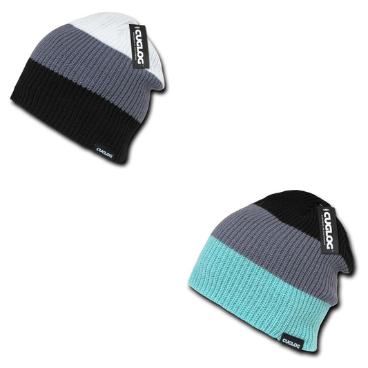 Cuglog Beanies Watch Striped Rib Knit 3 Tone Caps Ski Warm Winter-Black/Grey/White-