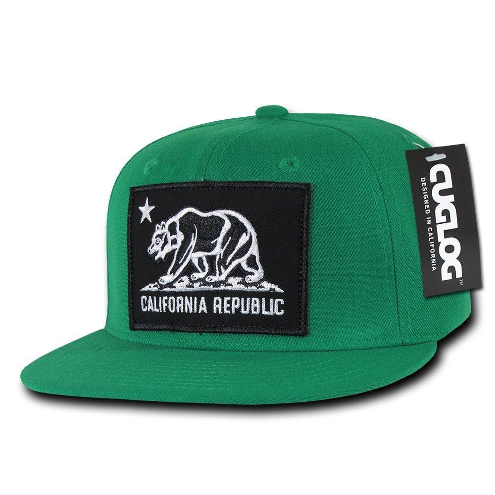 Cuglog California Cali Bear Patch Snapback 6 Panel Flat Bill Caps Hats-Black/Kelly-