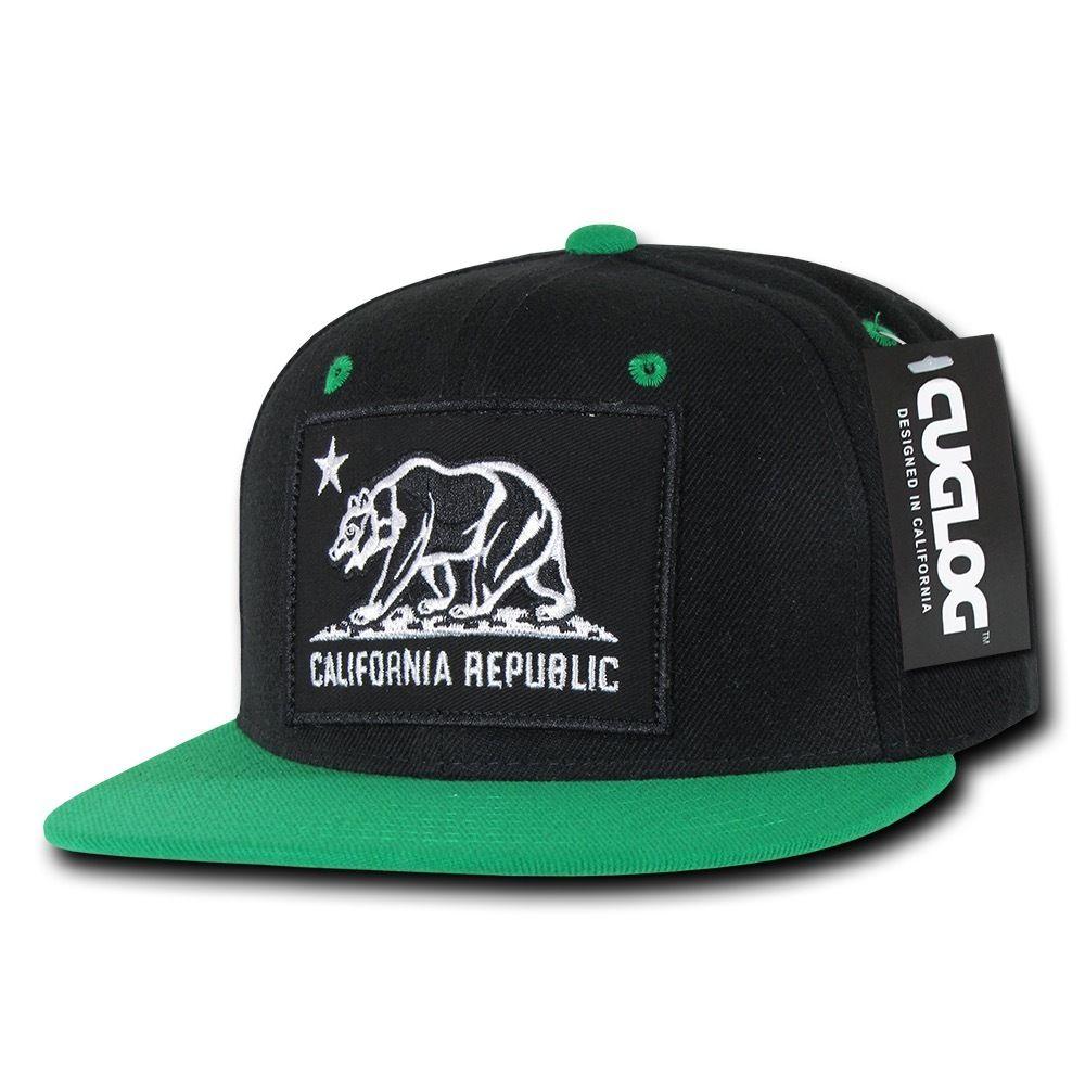 Cuglog California Cali Bear Patch Snapback 6 Panel Flat Bill Caps Hats-Black/Kelly-