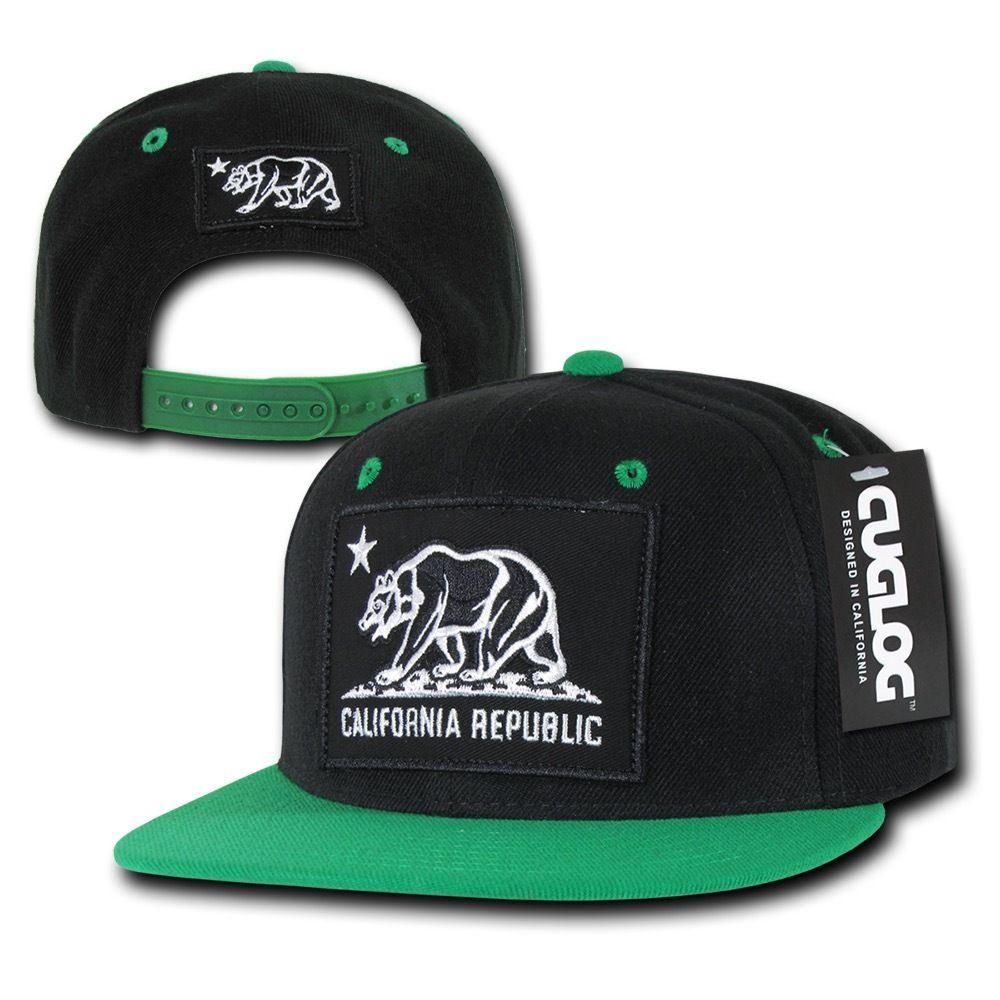 Cuglog California Cali Bear Patch Snapback 6 Panel Flat Bill Caps Hats-Black/Kelly-