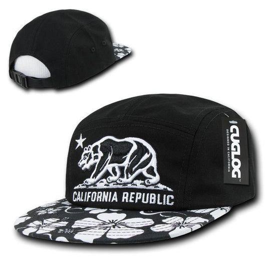Cuglog California Republic Floral 5 Panel Racer Strap back Hats Caps Cali Bear-