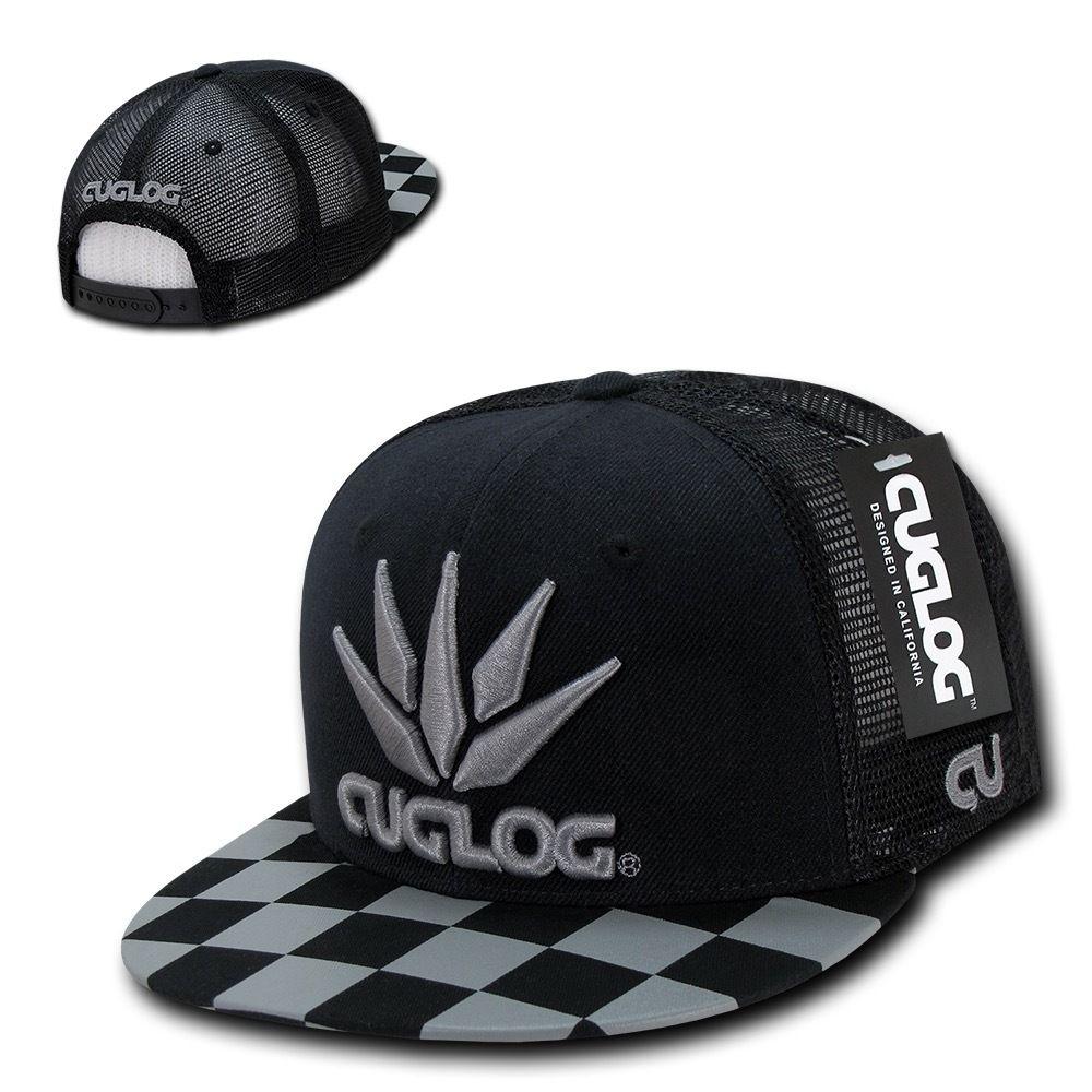 Cuglog Checker Retro Flat Bill High Crown 6 Panel Trucker Caps Hats-Black/Grey 1-