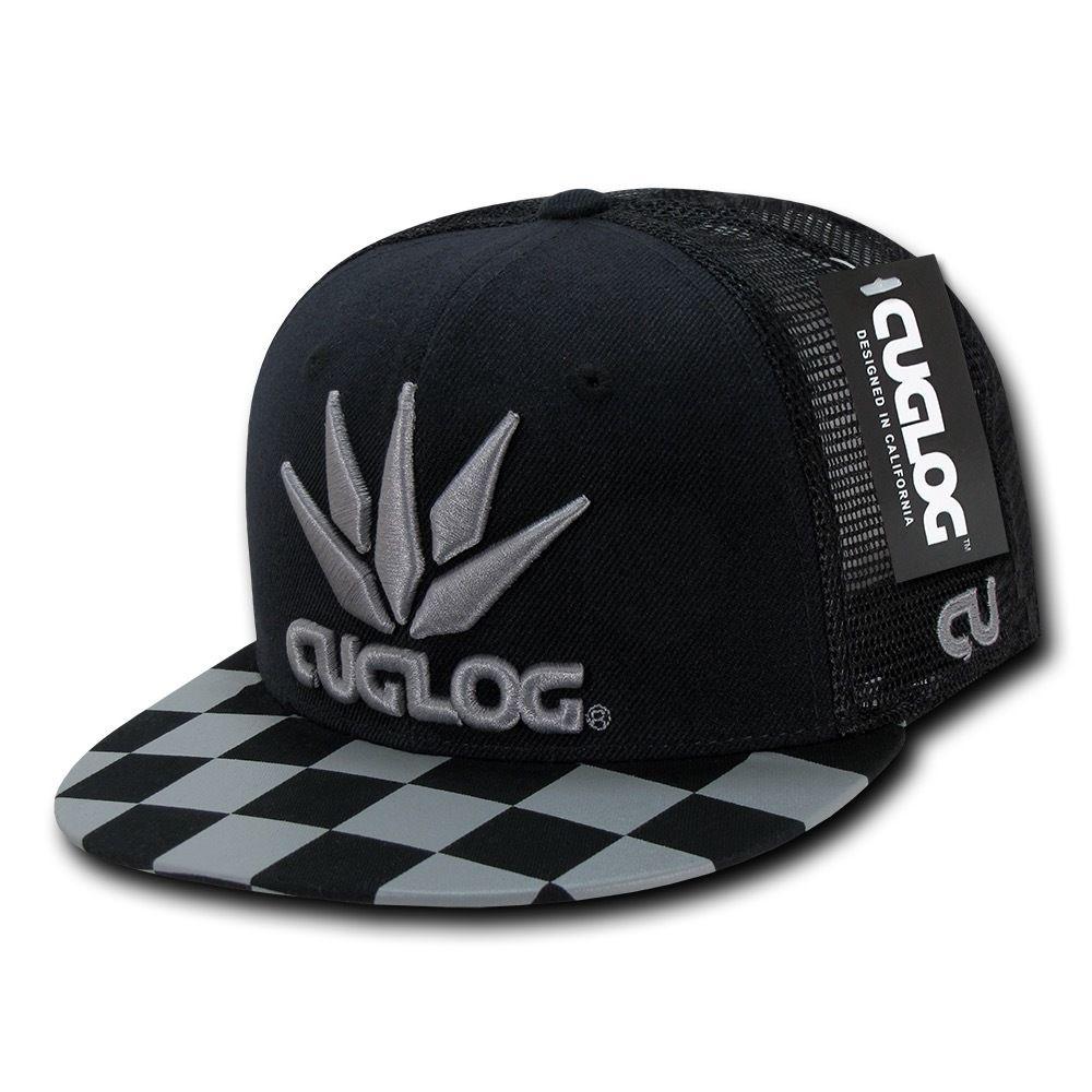 Cuglog Checker Retro Flat Bill High Crown 6 Panel Trucker Caps Hats-Black/Grey 1-