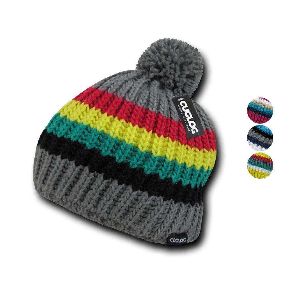 Cuglog Mont Ventoux Thick Cable Knit Stripped Beanies Big Fuzzy Pom Style Winter-GREY/BLACK-