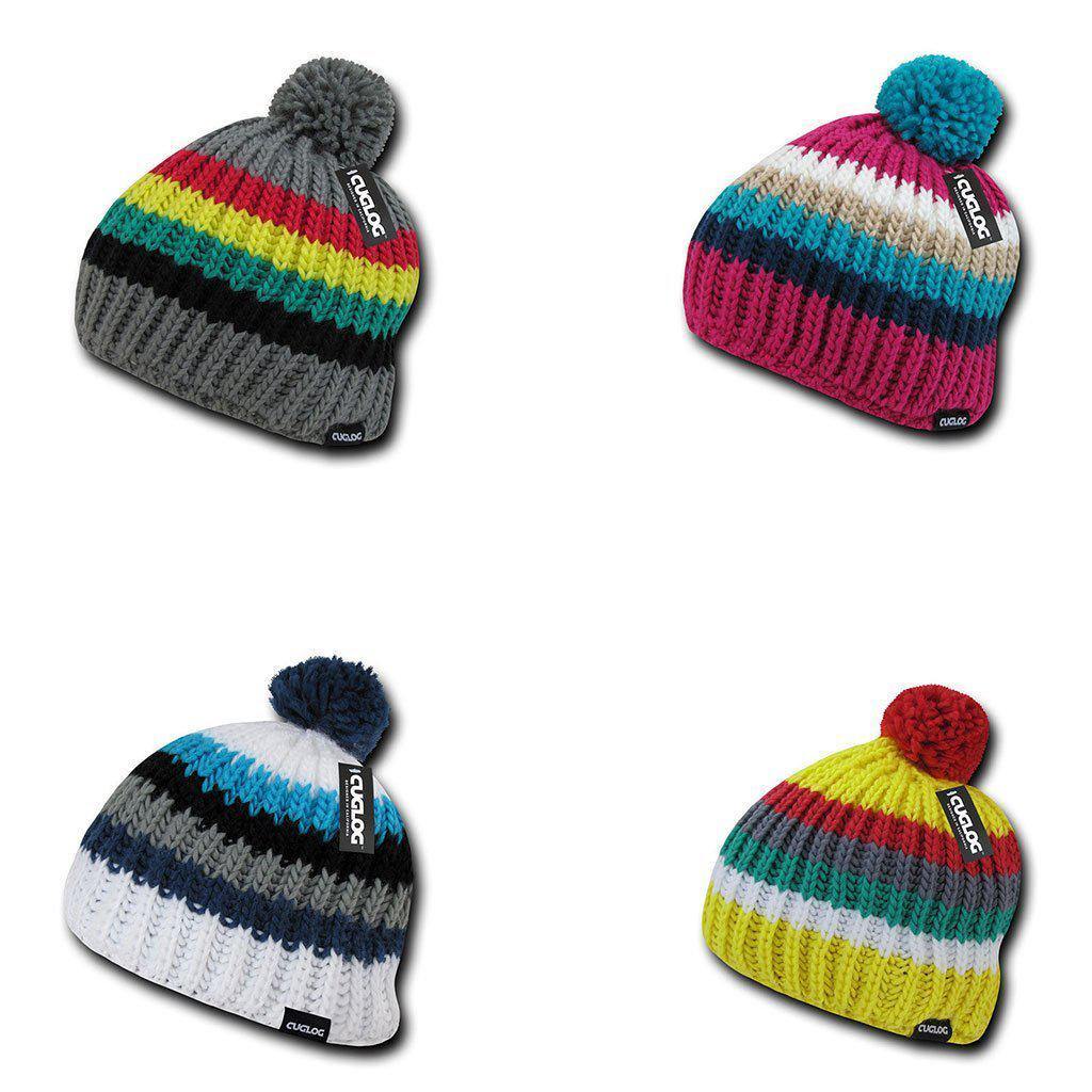 Cuglog Mont Ventoux Thick Cable Knit Stripped Beanies Big Fuzzy Pom Style Winter-GREY/BLACK-