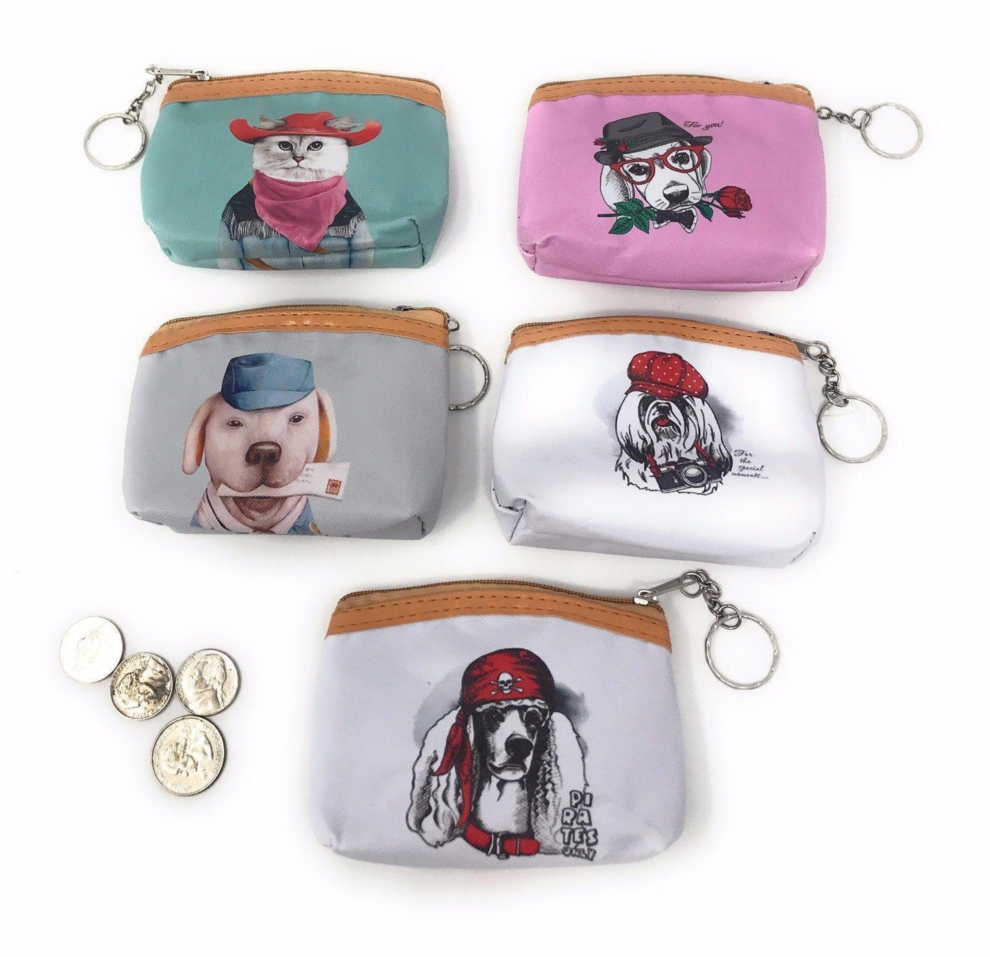 Cute Dog Cat Portraits Zipper Coin Wallet Purse Insert Keychain Ring Pouch Bag-Cat Bandit-
