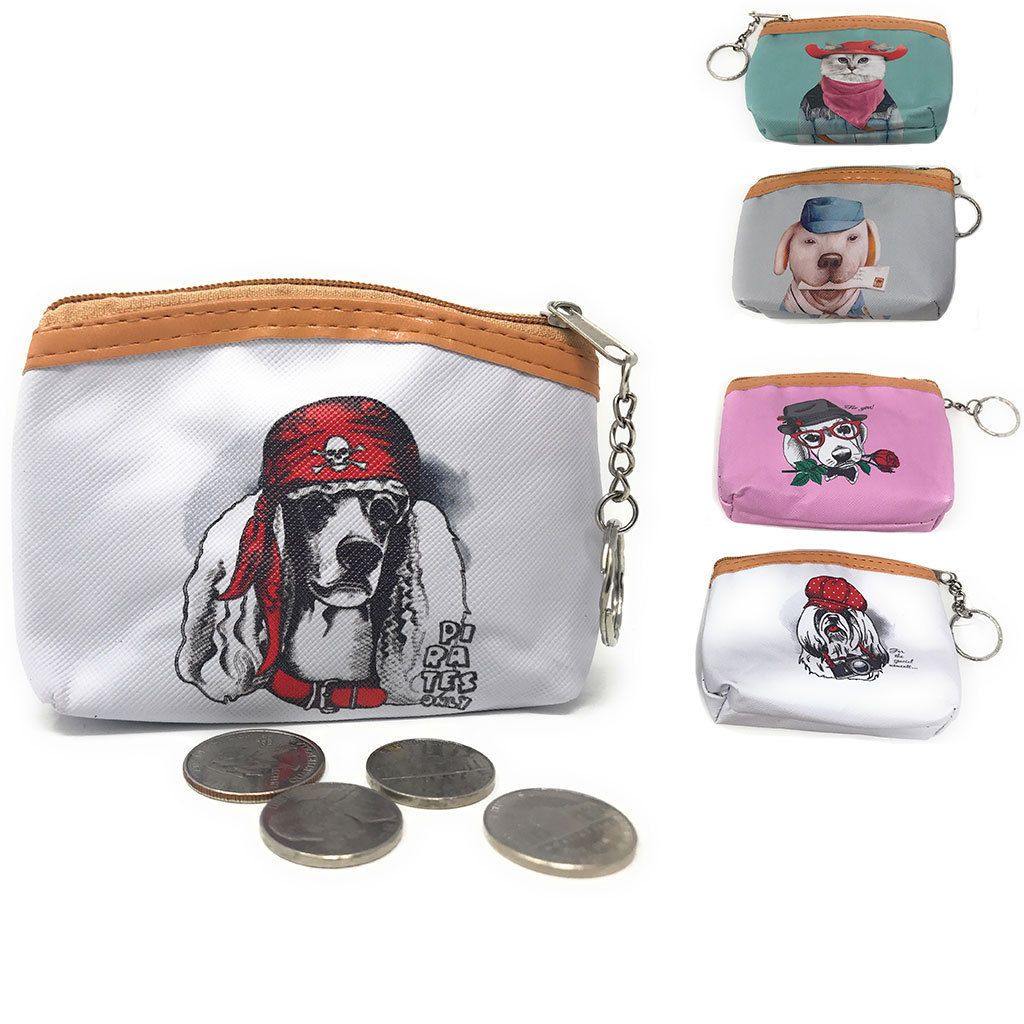 Cute Dog Cat Portraits Zipper Coin Wallet Purse Insert Keychain Ring Pouch Bag-Cat Bandit-