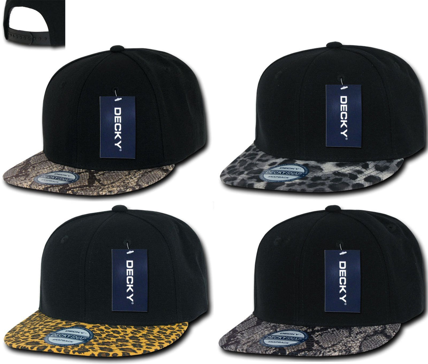 Decky Animal Print Retro Flat Bill Hats Baseball Caps Snake Leopard Skin-Black Leopard-