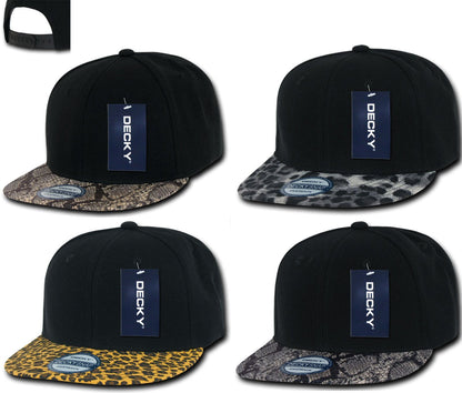 Decky Animal Print Retro Flat Bill Hats Baseball Caps Snake Leopard Skin-Black Leopard-