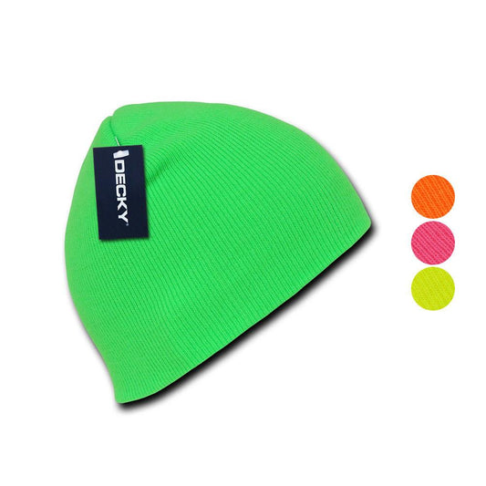 Decky Bright Neon Short Uncuff Beanies Caps Hats Knit Ski Skull Snowboard Winter-Neon Green-