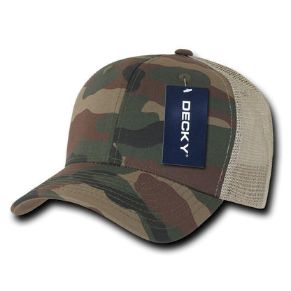 Decky Camouflage Curve Bill Constructed Trucker Hats Caps Snapback Cotton Mesh-Black / Woodland-