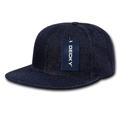 Decky Denim High Crown Snapback Cotton 6 Panel Flat Bill Hats Caps-Black-