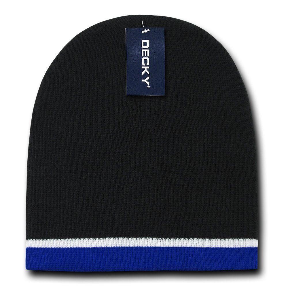 Decky Double Striped 3 Tone Beanies Knitted Ski Skull Winter Caps Hats-Black/White/Charcoal-
