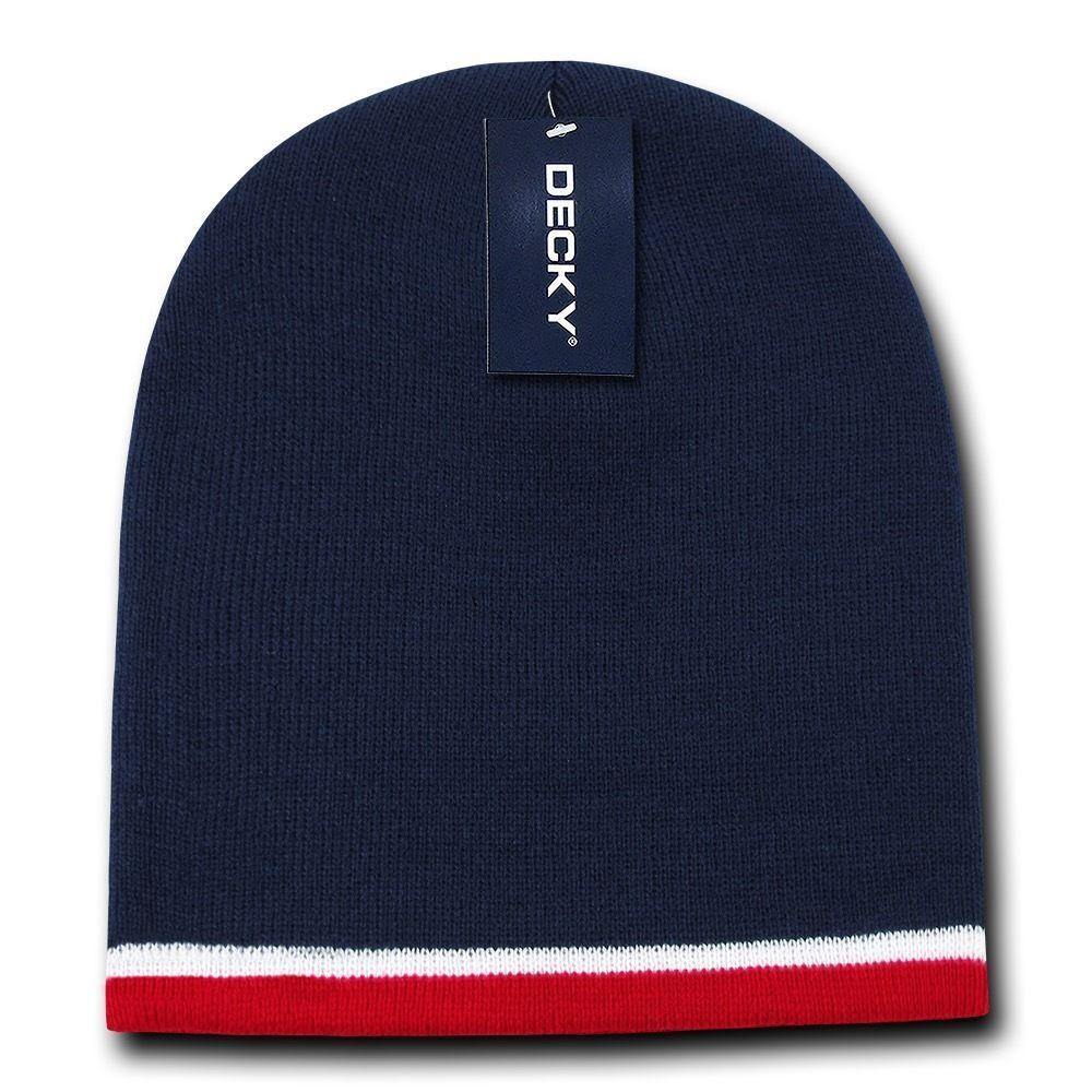 Decky Double Striped 3 Tone Beanies Knitted Ski Skull Winter Caps Hats-Black/White/Charcoal-