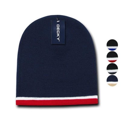 Decky Double Striped 3 Tone Beanies Knitted Ski Skull Winter Caps Hats-Black/White/Charcoal-