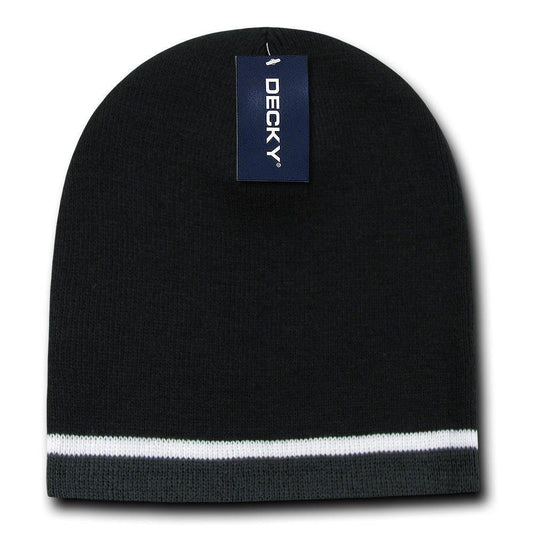 Decky Double Striped 3 Tone Beanies Knitted Ski Skull Winter Caps Hats-Black/White/Charcoal-