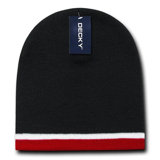 Decky Double Striped 3 Tone Beanies Knitted Ski Skull Winter Caps Hats-Black/White/Red-