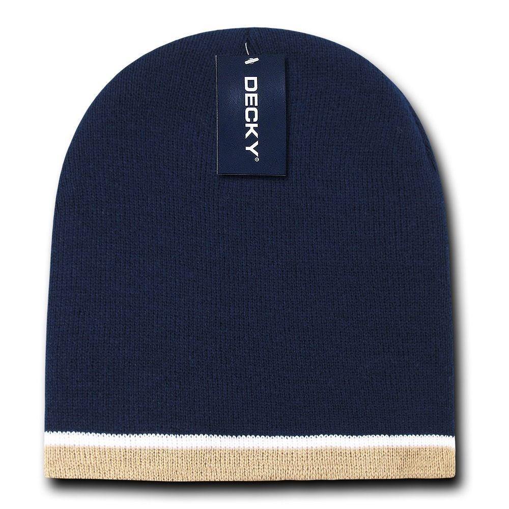 Decky Double Striped 3 Tone Beanies Knitted Ski Skull Winter Caps Hats-Navy/White/Khakhi-