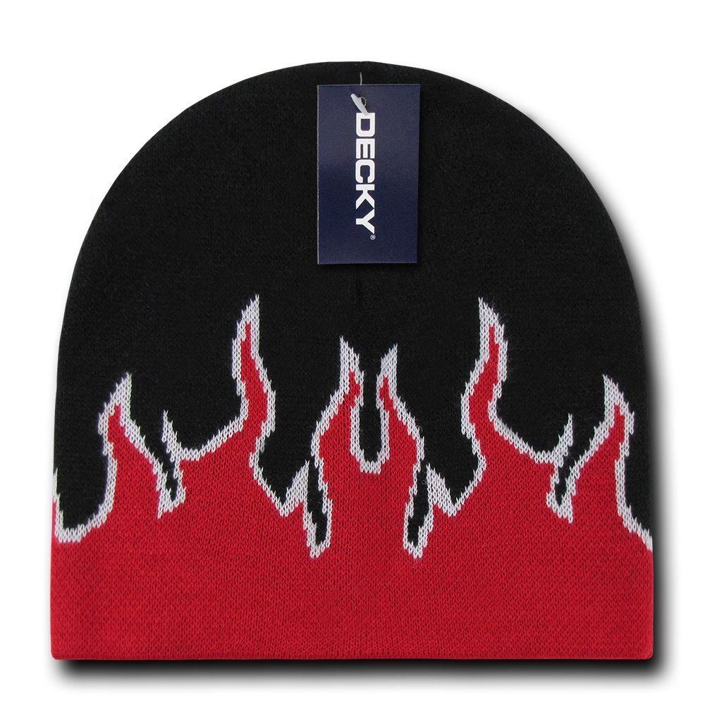 Decky Fire Flame Beanies Caps Hats Short Warm Winter Youth Boys Girls Kids-BLACK/RED/WHITE-