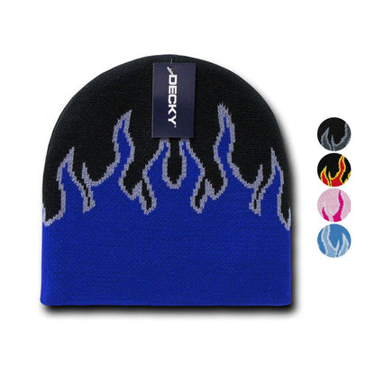 Decky Fire Flames Tribal Beanies Hats Caps Ski Skull Short Uncuffed Winter-8003 - Black/Blue/Grey-